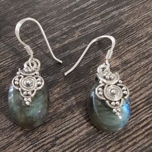 Labradorite Drop Earrings with Silver Filigree - Blue-Green